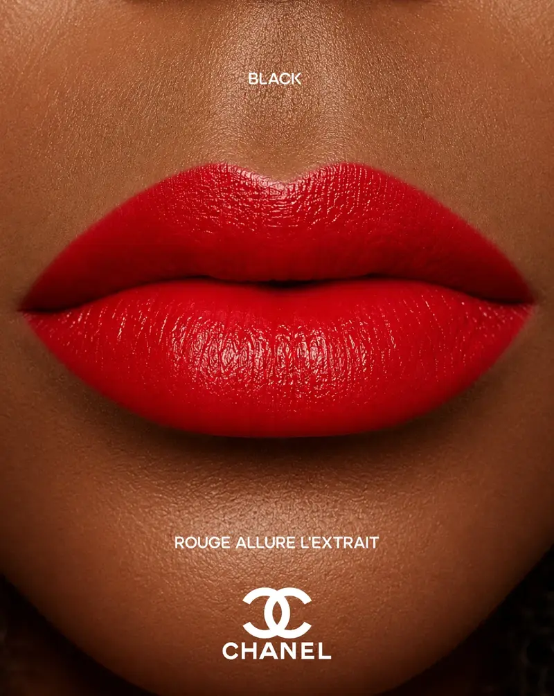 CHANEL red lip campaign portrait labeled black