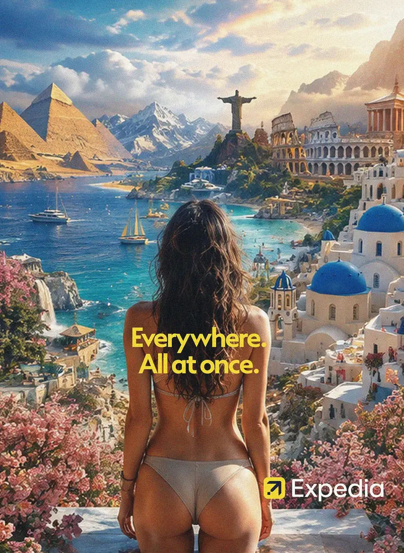 Expedia campaign panorama combining landmarks from many destinations