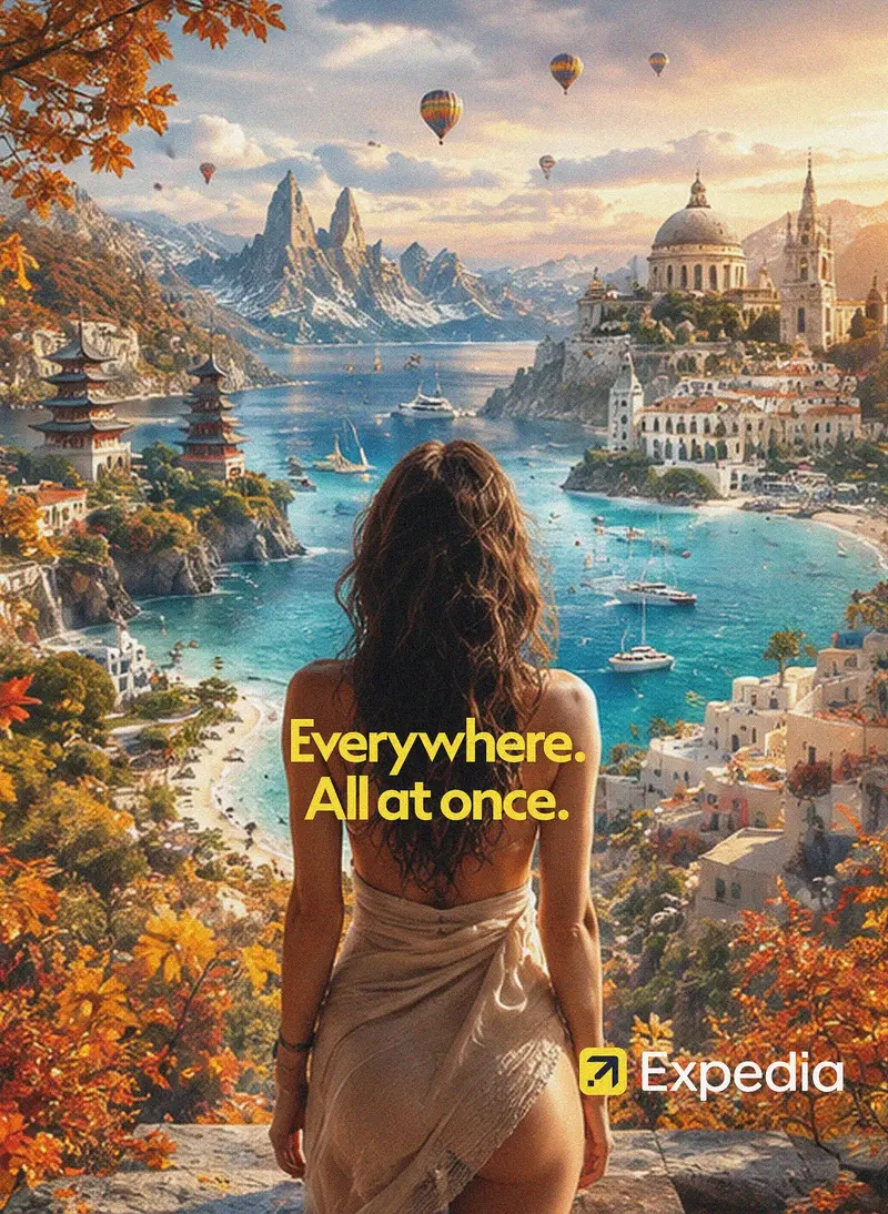 Expedia campaign autumn panorama combining landmarks from many destinations