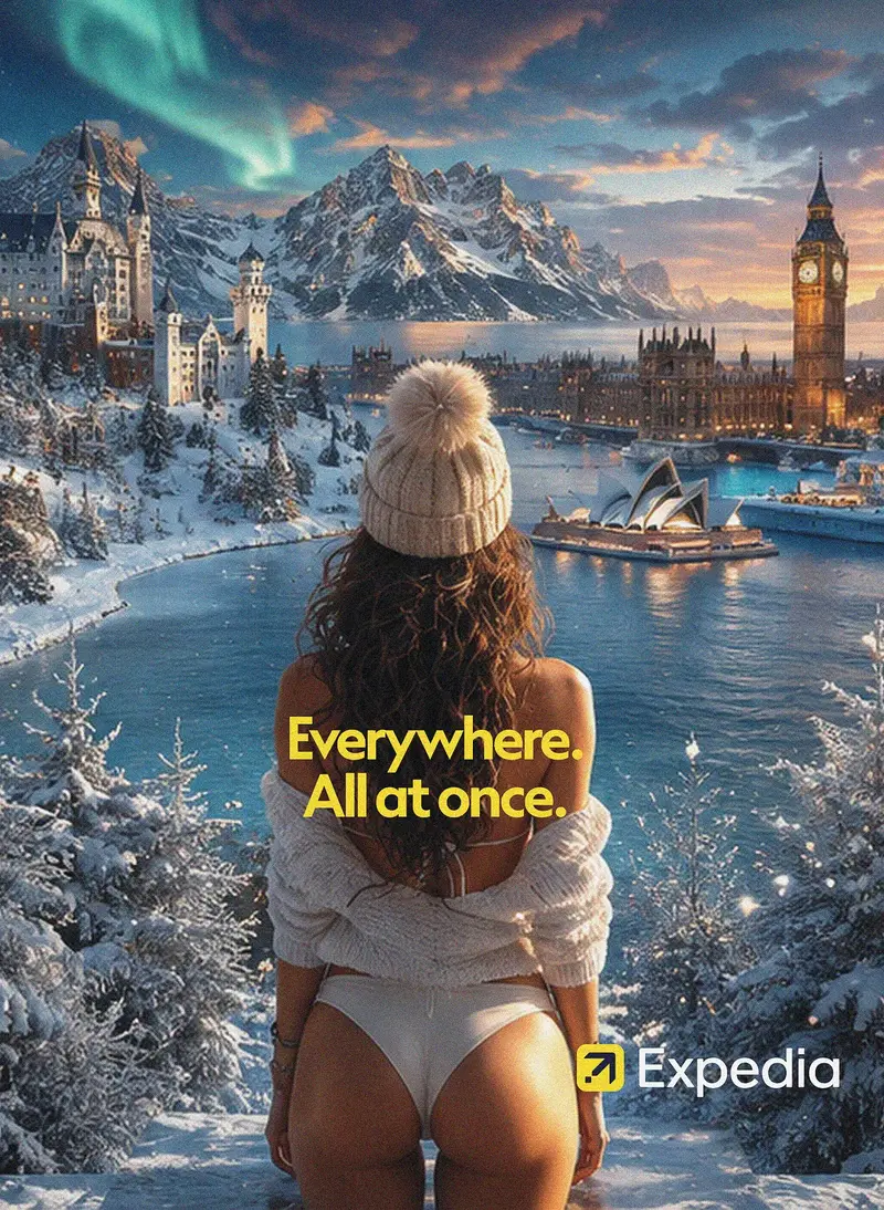 Expedia campaign winter panorama combining landmarks from many destinations