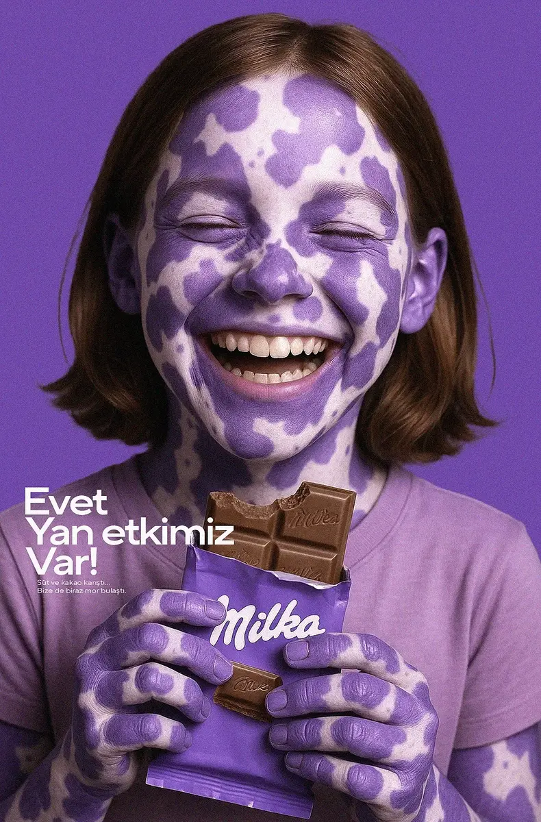 Milka campaign portrait with purple cow pattern face paint