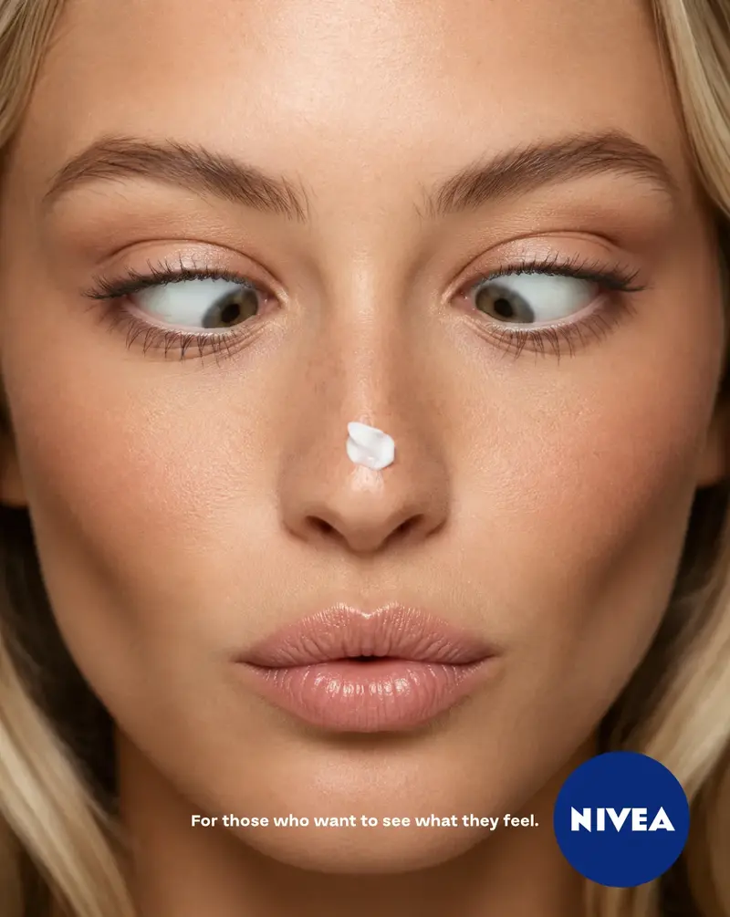NIVEA campaign portrait looking at a dab of cream on the nose