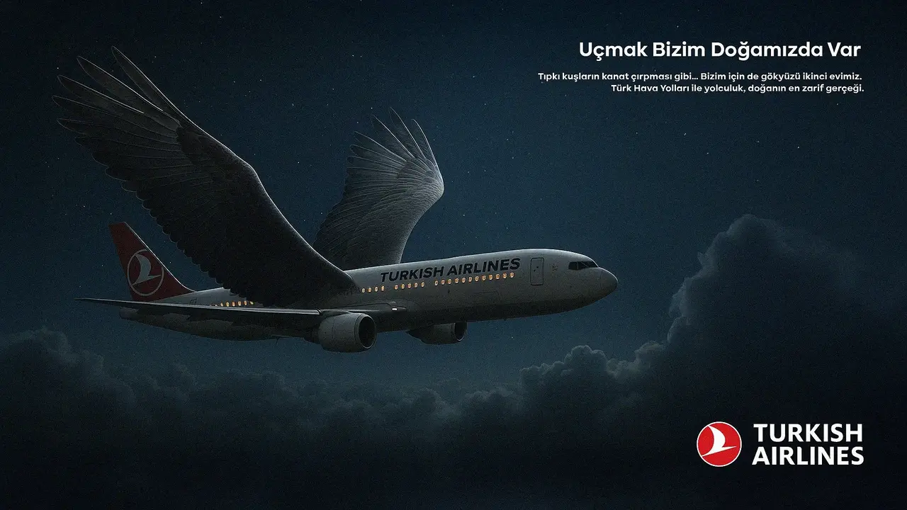 Turkish Airlines campaign variation with a bird-like silhouette in dark clouds