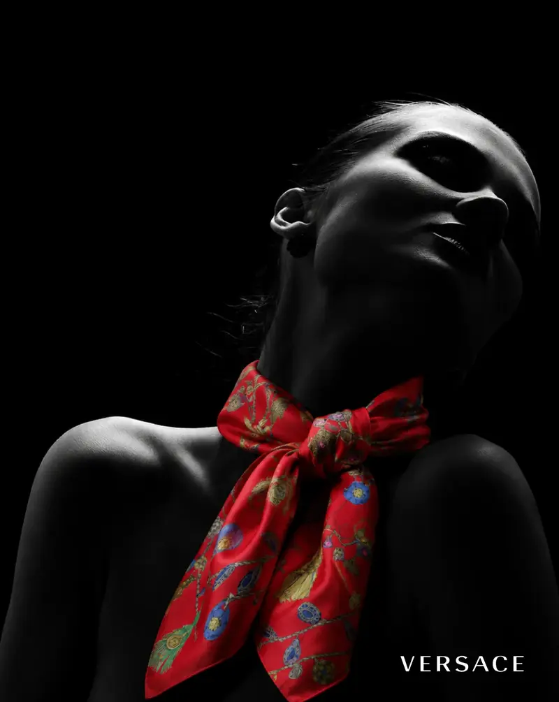 Versace scarf portrait in black with a red scarf
