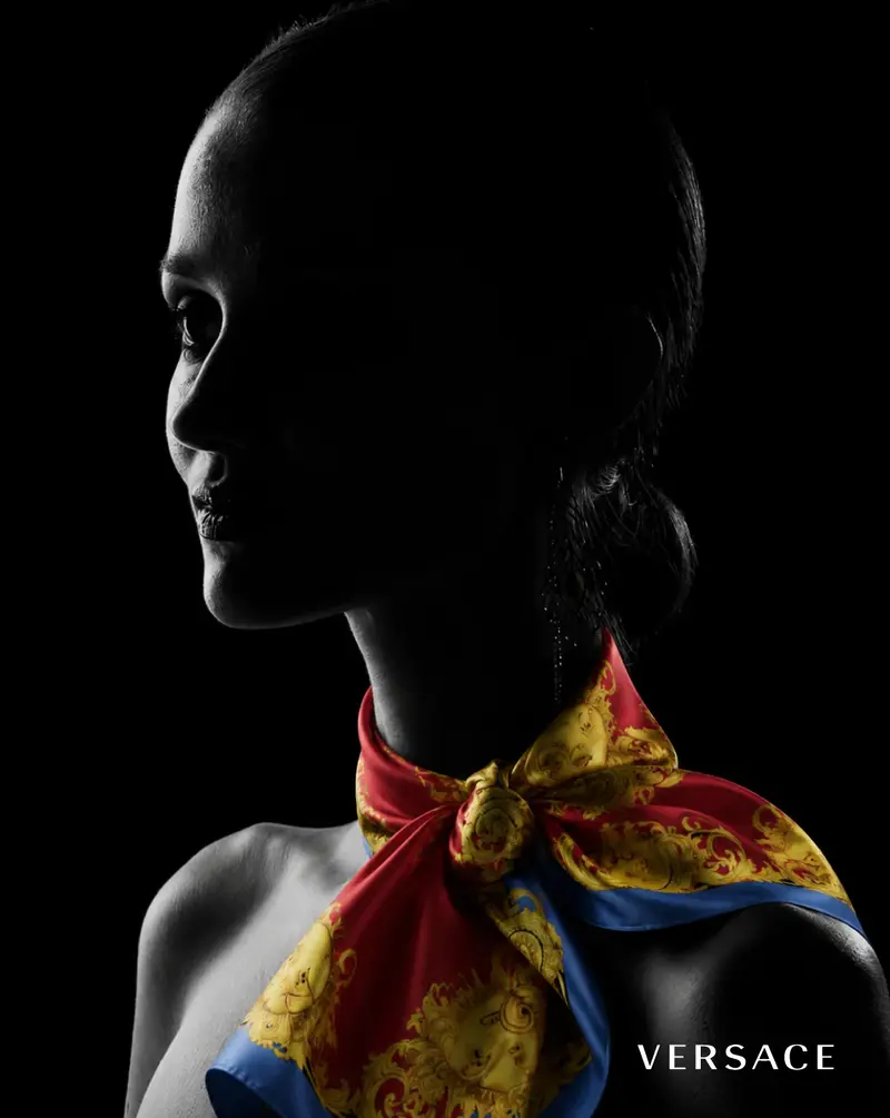 Versace scarf portrait in black with a multicolor scarf